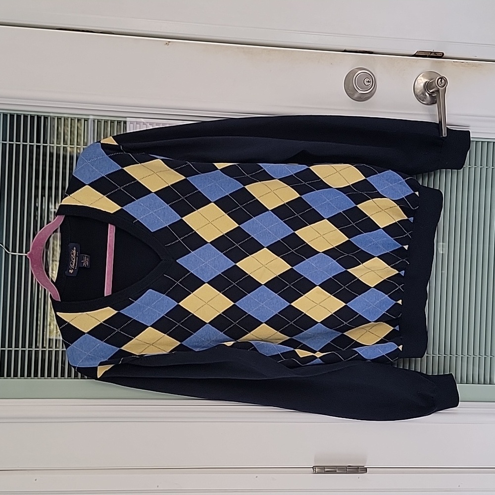 Brooks Brothers Navy Blue Argyle V Neck Sweater Cotton/Silk/Cashmere Blend Sz L